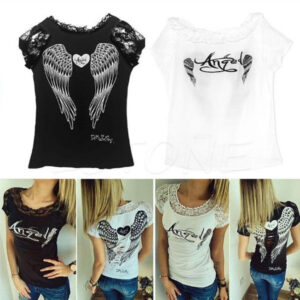 Dámské tričko / tričko s krajkou, potiskem Angel a křídly – 2 barvy, S-XL